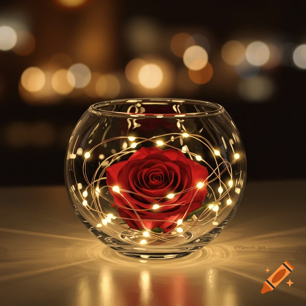 A vibrant red rose nestled inside a clear glass bowl, illuminated by delicate fairy lights, with a blurred bokeh background.