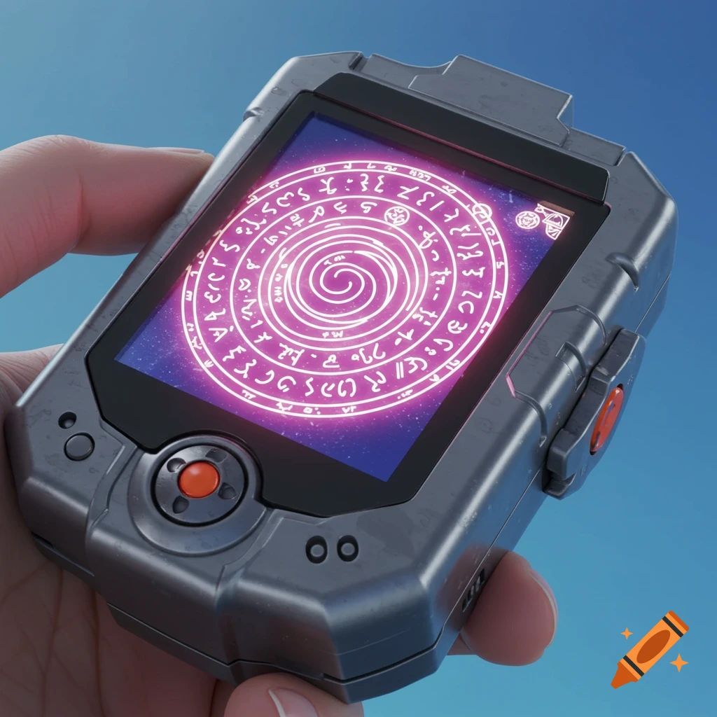 A hand holds a gray, futuristic Digivice with a glowing pink and purple magic circle displaying arcane symbols on its screen, set against a blue sky.