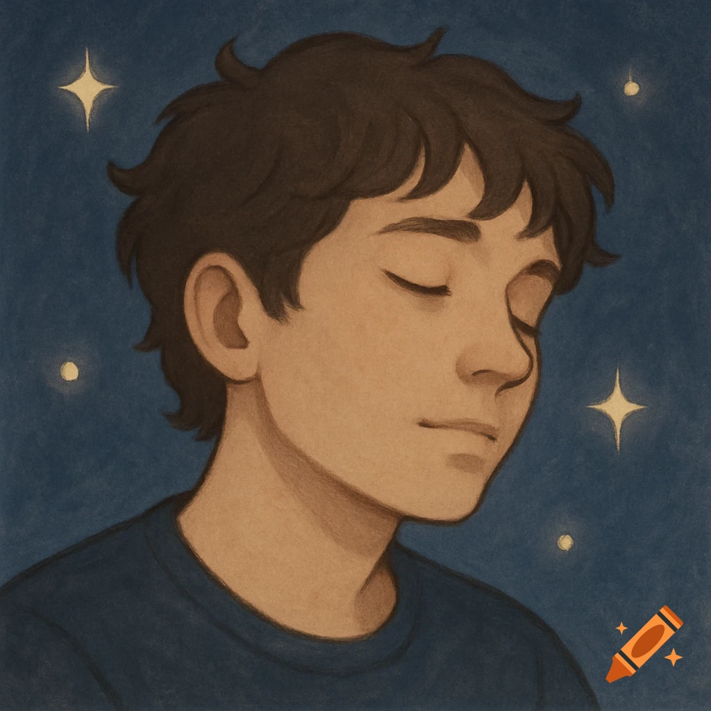 An illustration of a person with closed eyes, against a dark blue background with twinkling stars.