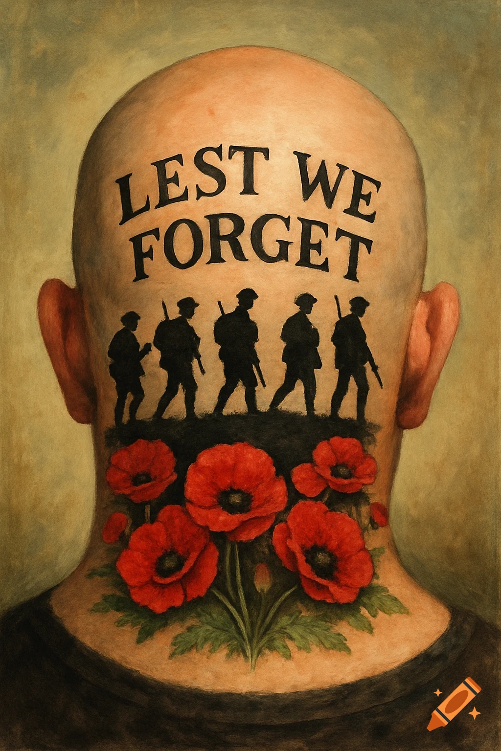 Painting of the back of a bald head with 'Lest We Forget' tattooed on the top, silhouette soldiers marching across the middle, and red poppies at the base.