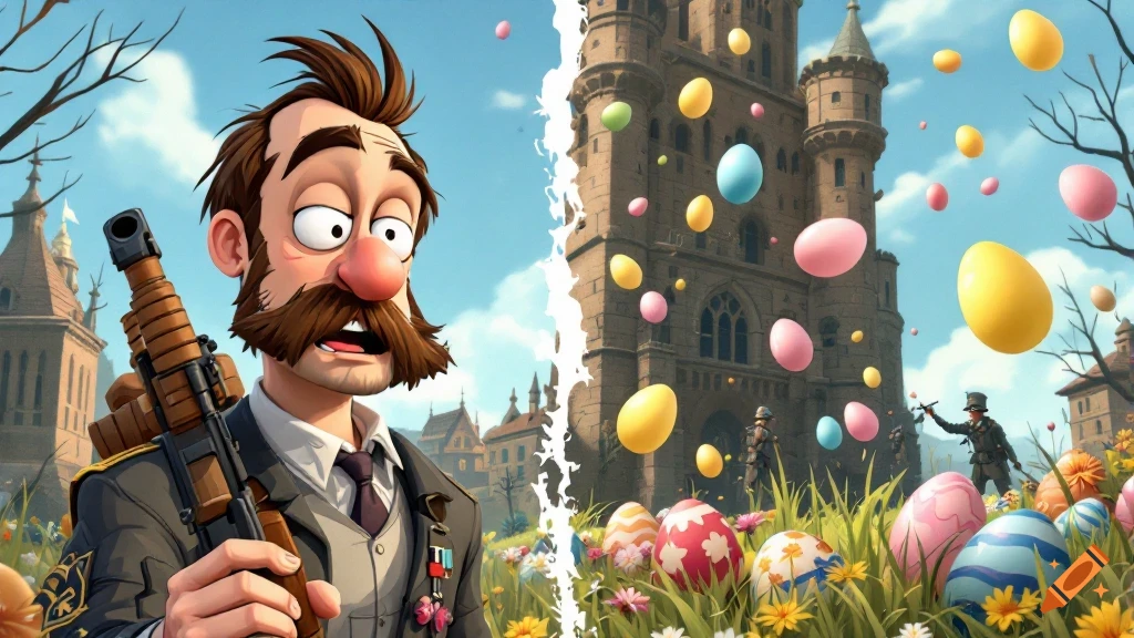 A cartoon man holding a rifle on the left, a fantasy castle scene with floating Easter eggs and figures on the right, split down the middle.