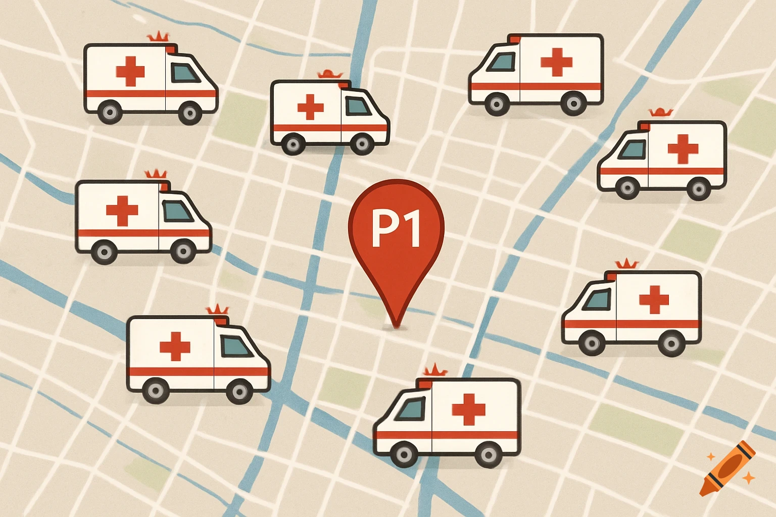 An illustrated map shows multiple ambulances surrounding a red map pin labeled 'P1' at its center.