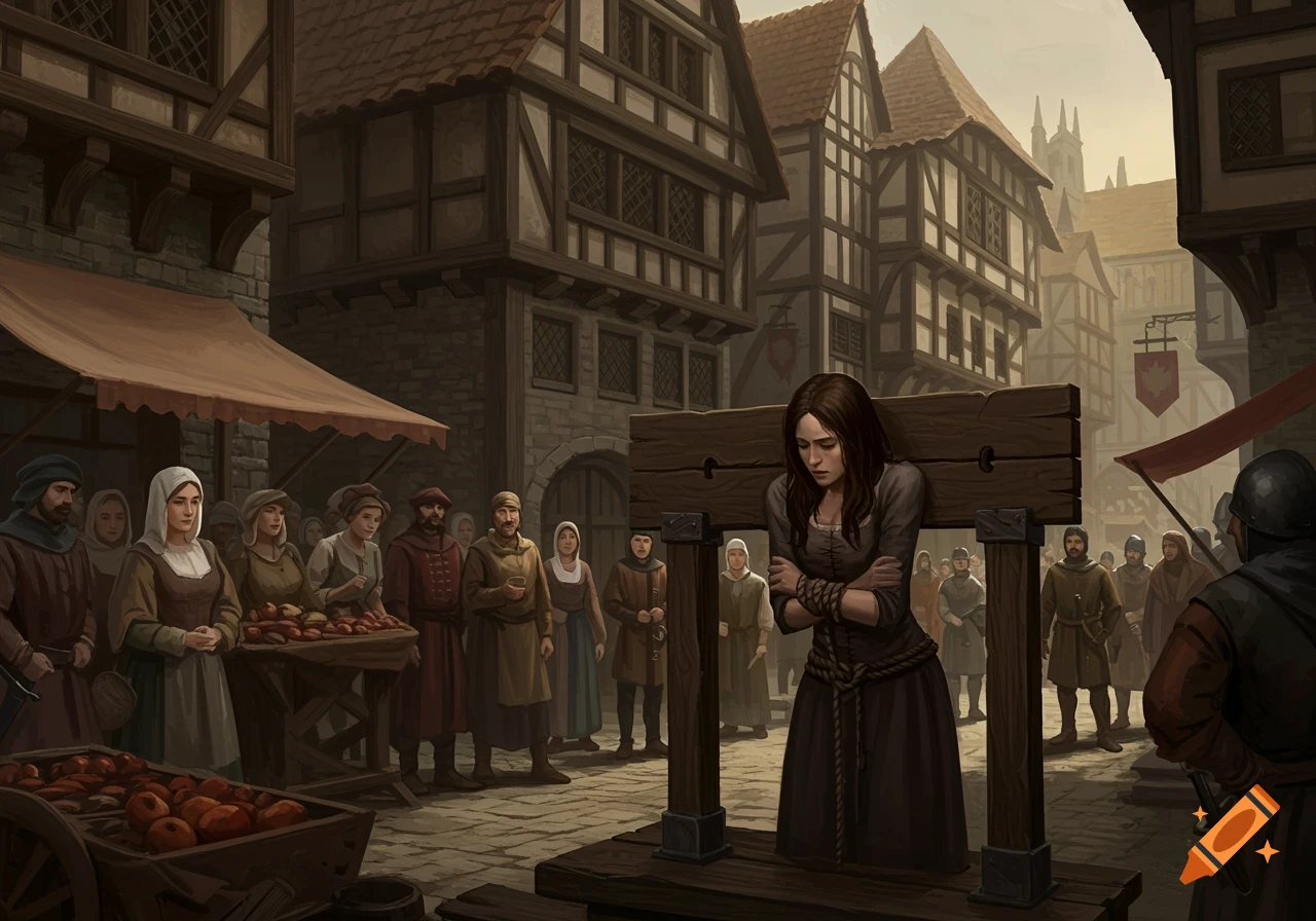A medieval woman with her head and hands in the stocks in a bustling town square, surrounded by onlookers and market stalls.