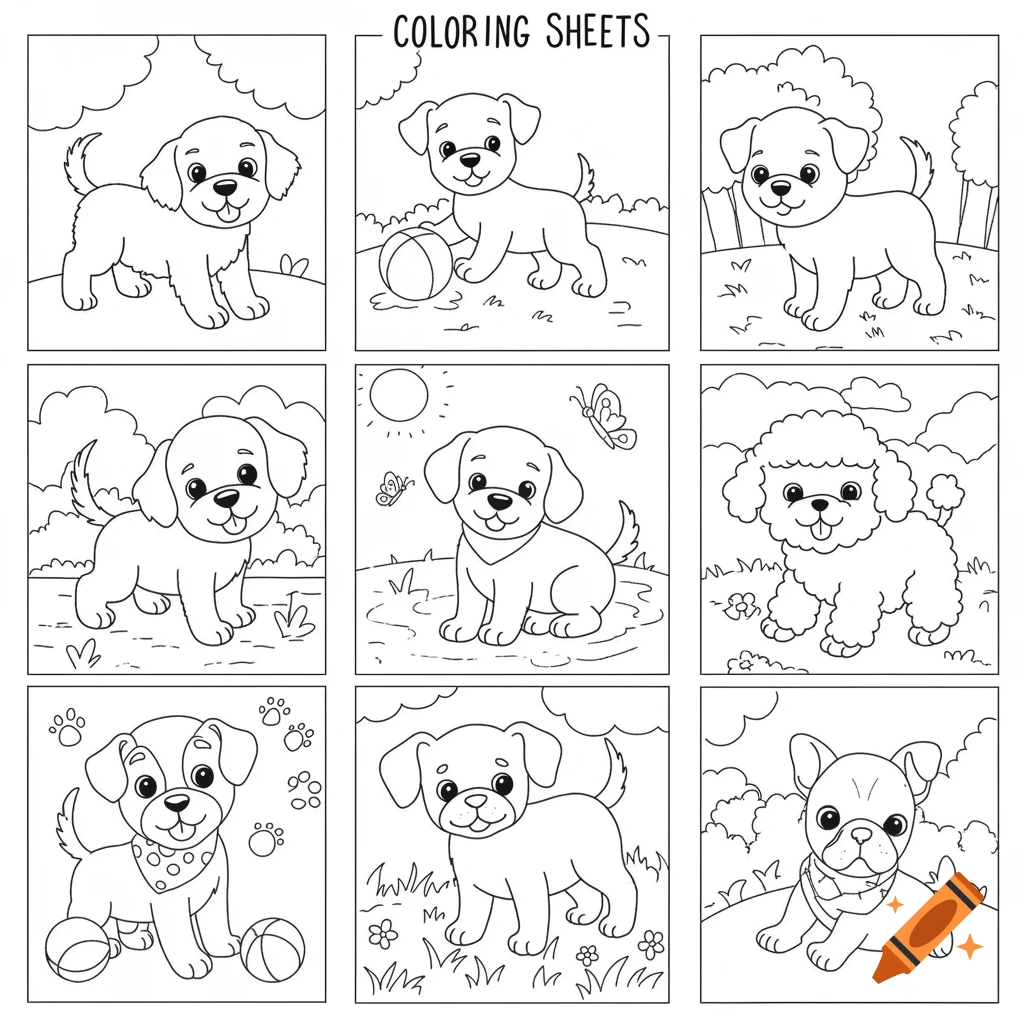 Nine black and white line art illustrations of cute puppies for coloring sheets.