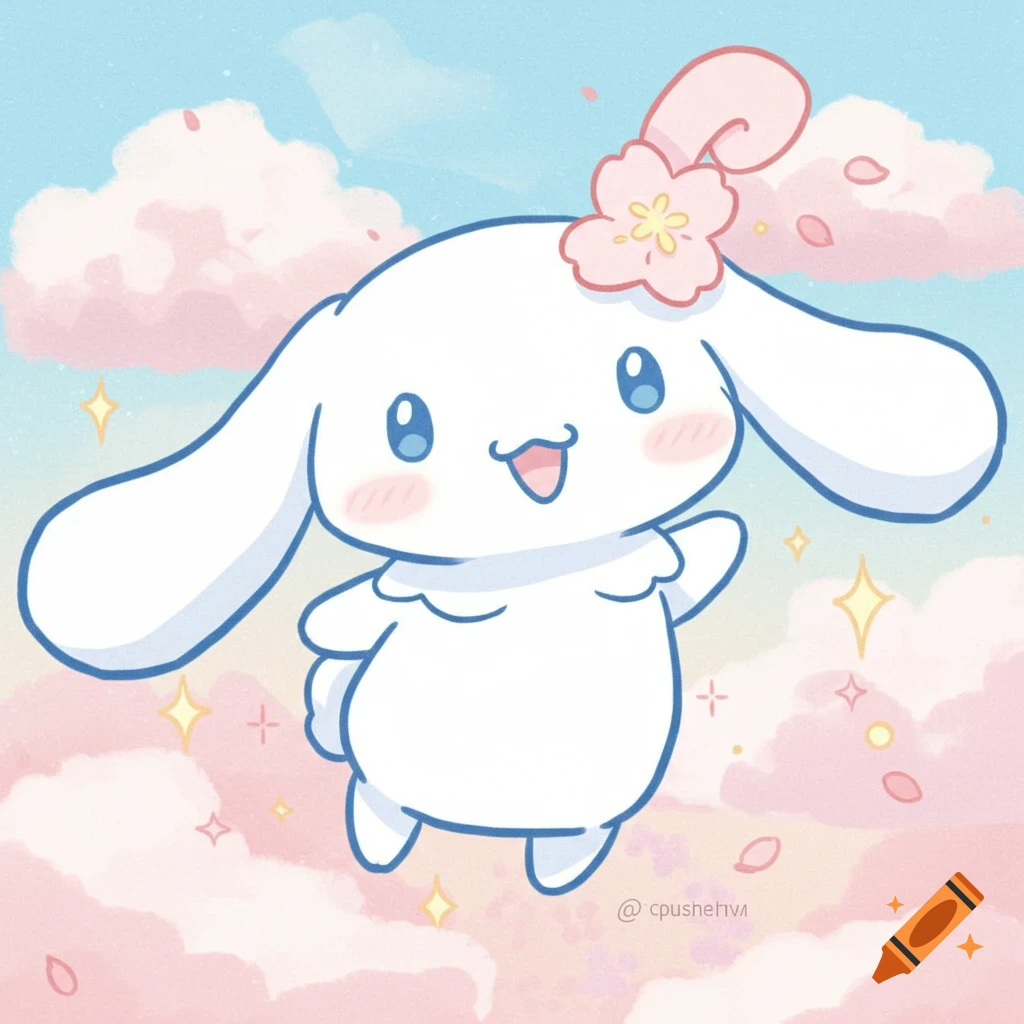 A cute white cartoon dog-like character, Cinnamoroll, with long ears and a pink flower on its head, floats happily among pink clouds and sparkling stars against a blue sky.