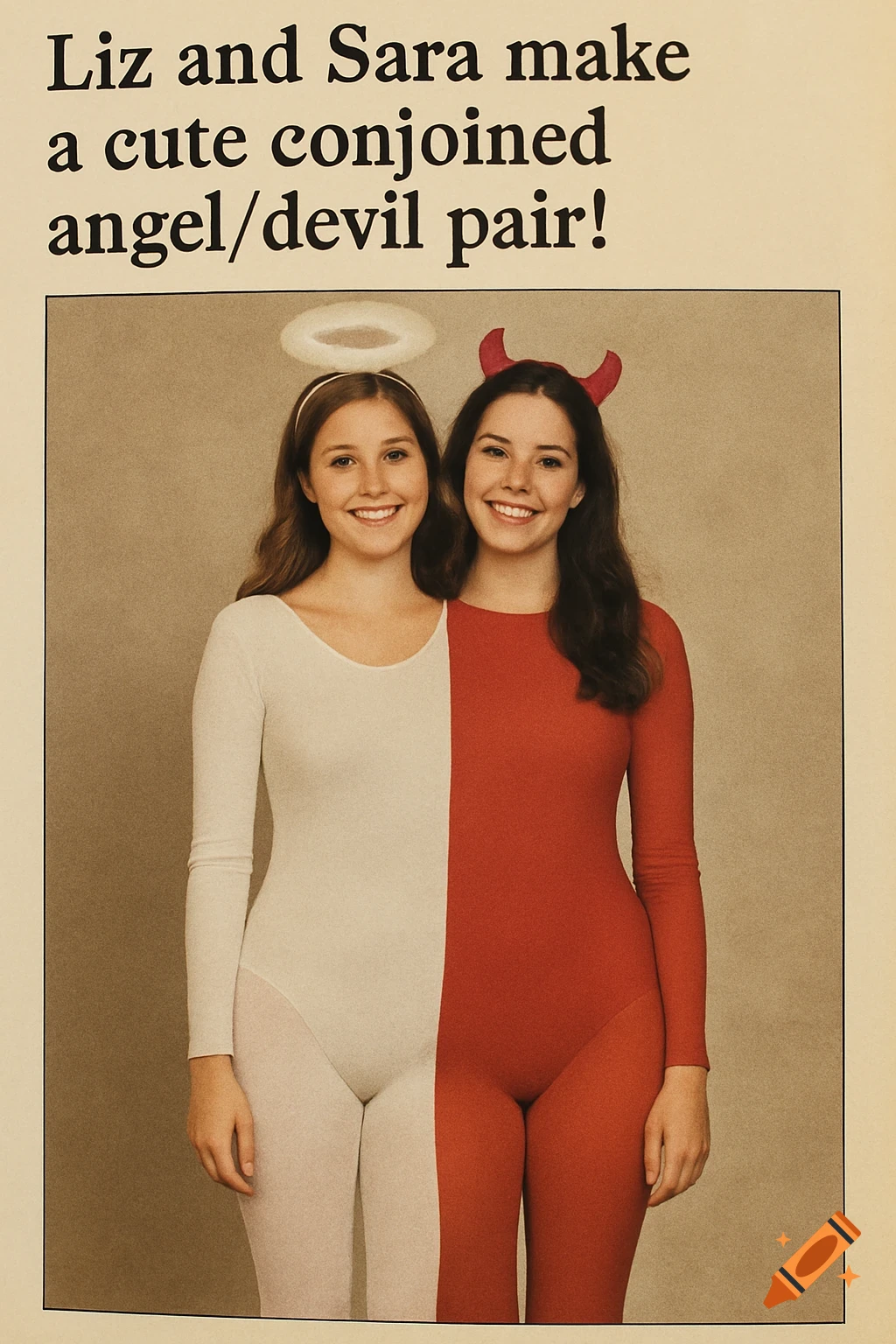 Two smiling women in a conjoined white angel and red devil leotard with text above.