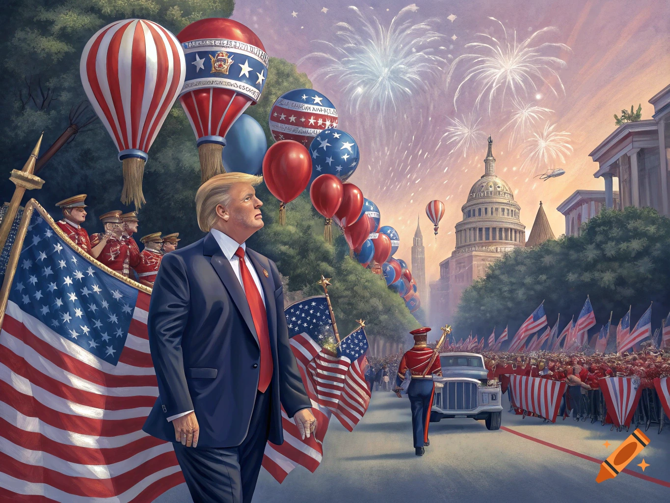 Donald Trump stands before US flags, hot air balloons, and fireworks over the Capitol Building.
