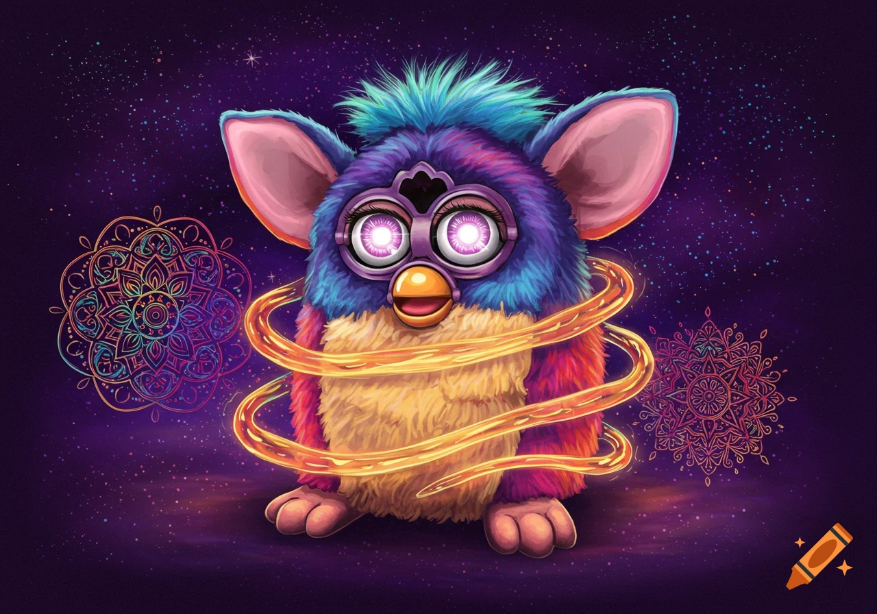 Vibrant psychedelic art of a colorful Furby-like creature with glowing eyes, human hands and feet, surrounded by mandalas in a starry cosmic background.