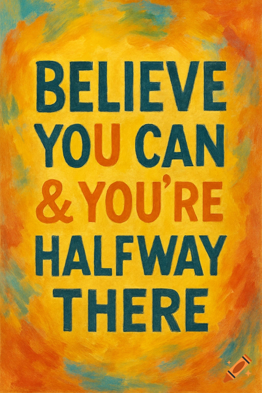 A vibrant, painterly poster with the motivational quote 'BELIEVE YOU CAN & YOU'RE HALFWAY THERE' in teal and orange text on a yellow and orange background.