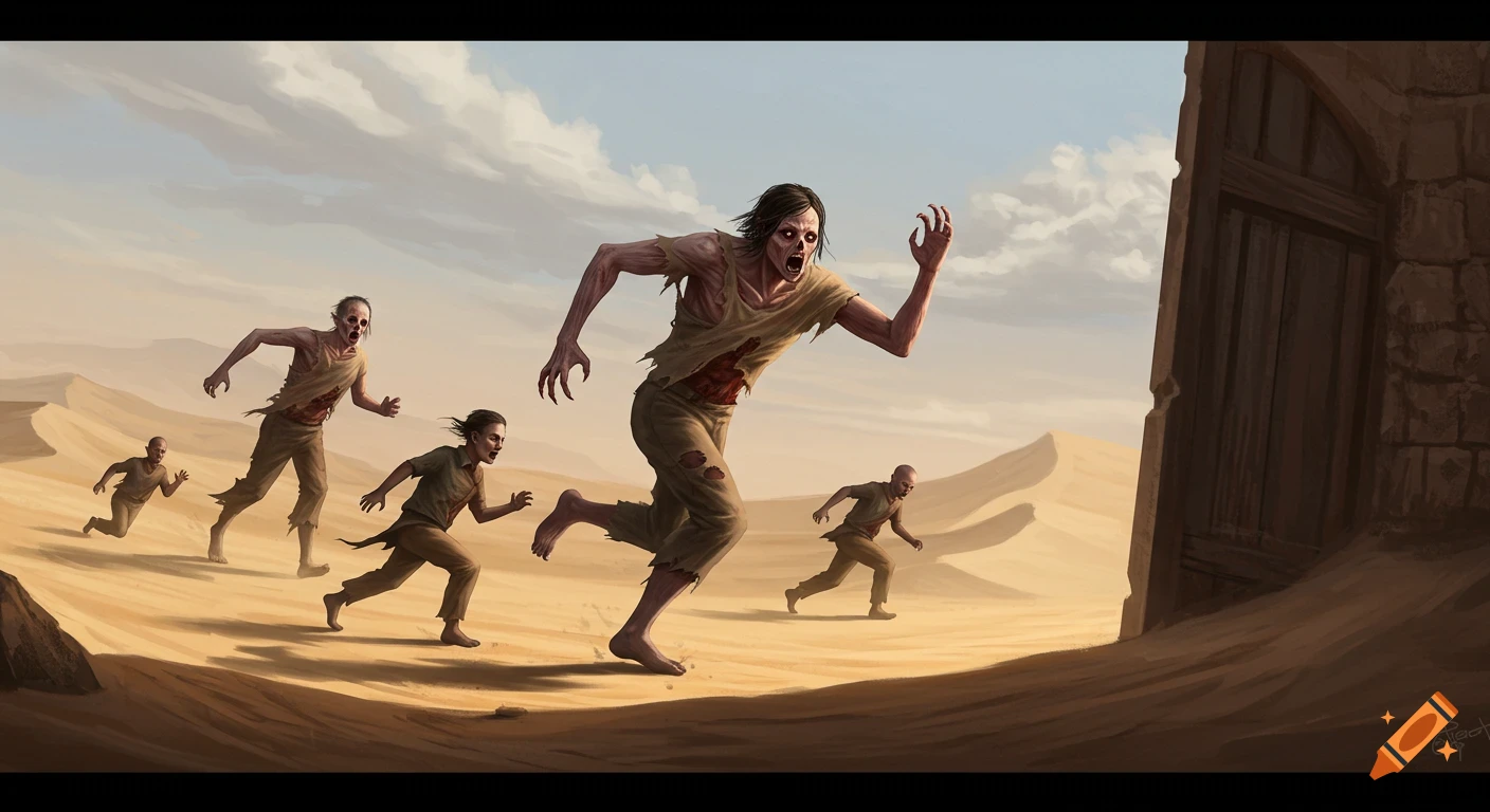 Stylized digital painting of a group of grotesque, ragged monsters sprinting across a sandy desert towards an ancient stone doorway.