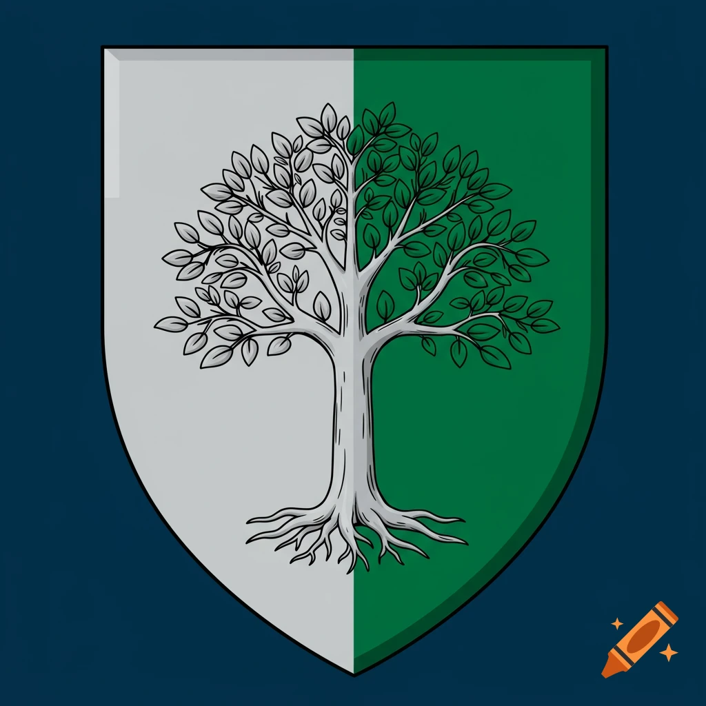 A heraldic shield divided vertically, featuring a tree eradicated with leaves and trunk counterchanged in white and green.