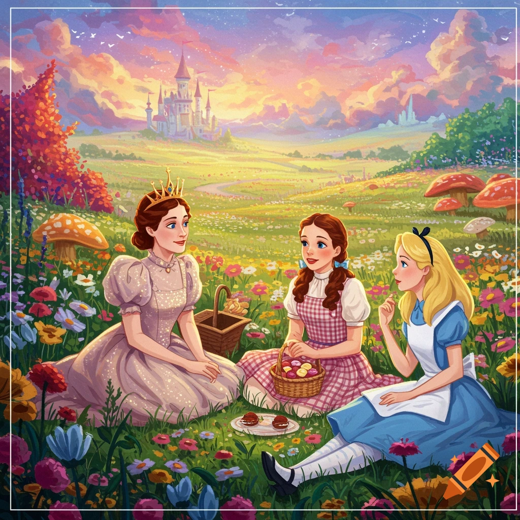 Ozma, Dorothy, and Alice picnic in a vibrant flower field with a castle at sunset in a storybook illustration.
