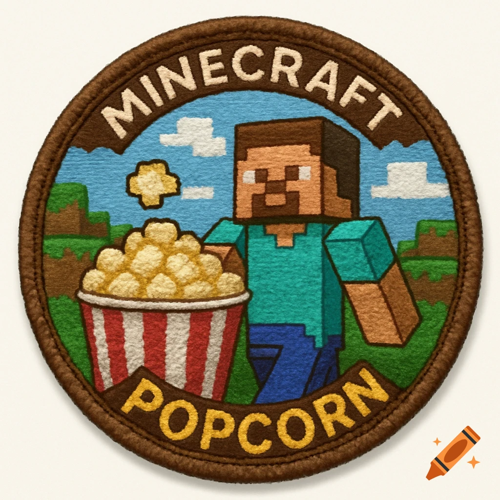 Circular embroidered patch featuring a Minecraft character holding popcorn with text 'MINECRAFT POPCORN' around the edge.