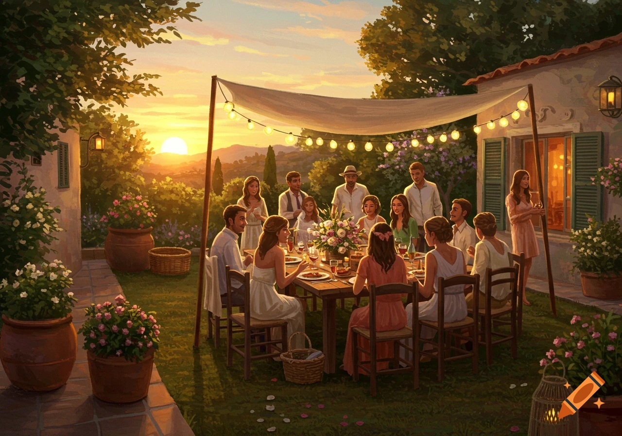 A group of people enjoy an outdoor dinner party in a lush garden at sunset, illuminated by string lights, in a painterly style.