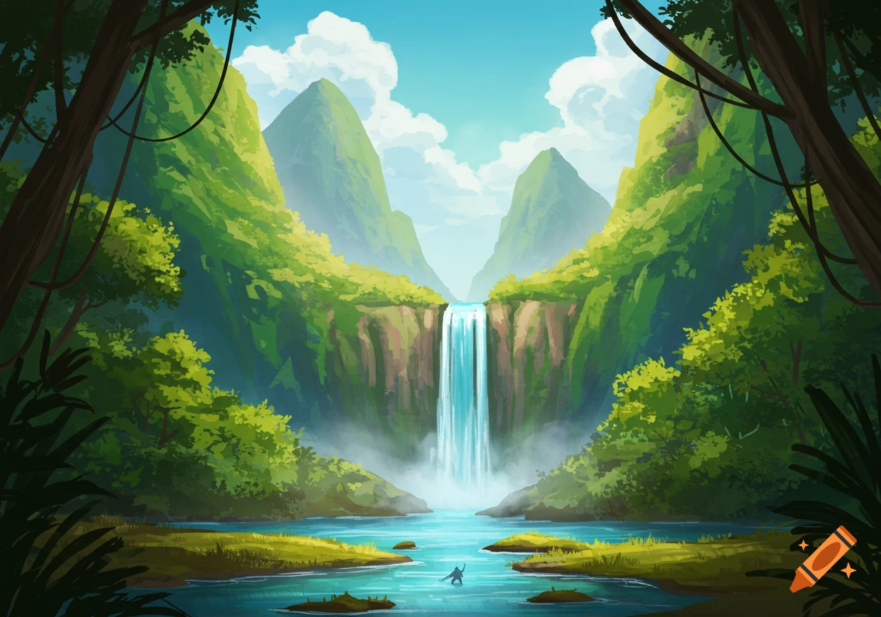 A stylized illustration of a vibrant jungle landscape with tall green mountains, a large waterfall flowing into a clear blue river, and dense foliage.