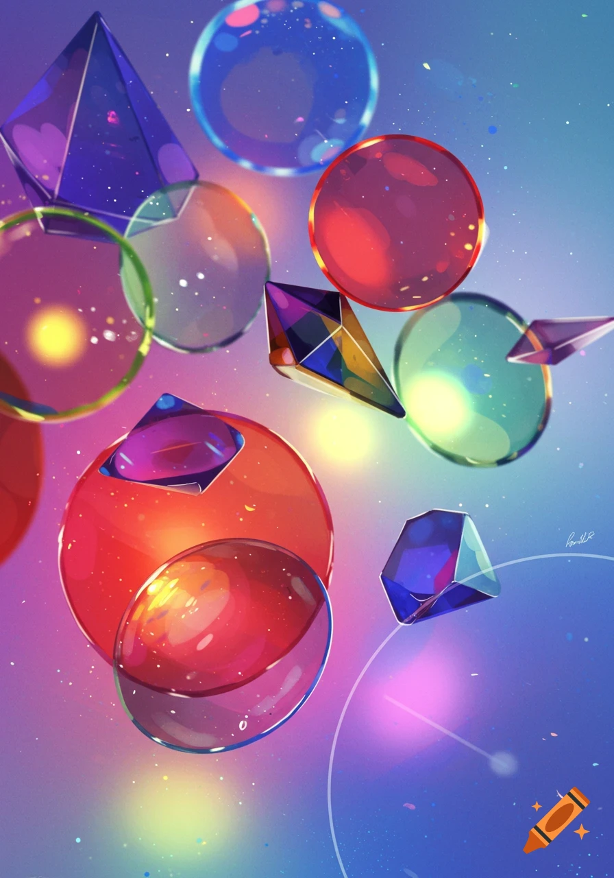 A vibrant, abstract arrangement of colorful glass spheres, prisms, and lens-like shapes floating in a gradient purple-blue space with light flares.