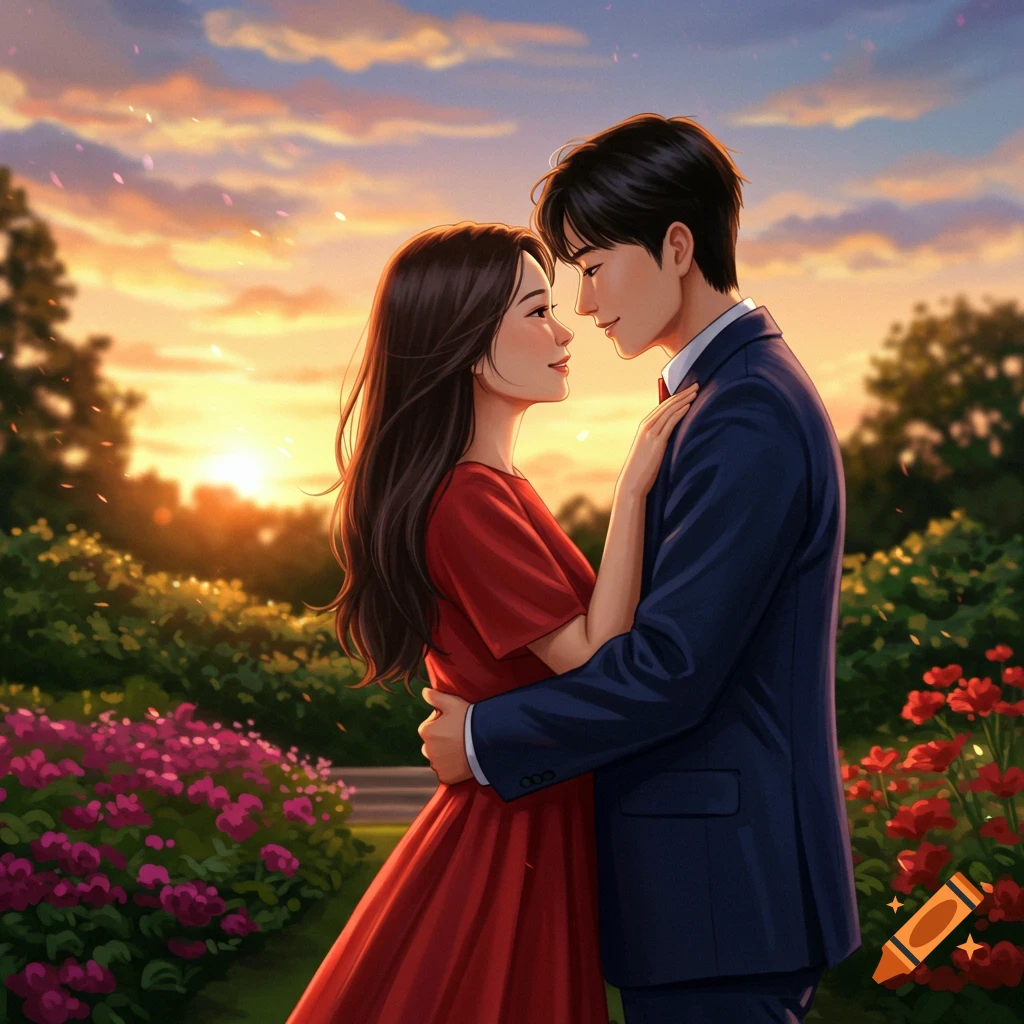 An illustrated couple embracing in a garden at sunset.