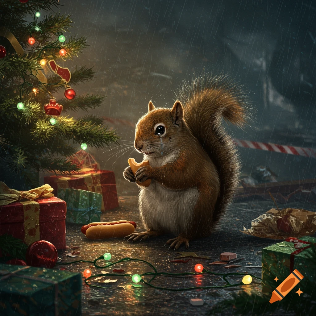 A sad squirrel with a tear, eating a cracker under a decorated Christmas tree in the rain, surrounded by presents and a hotdog, photorealistic.