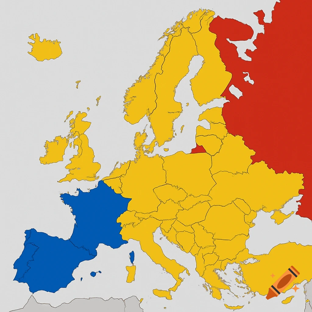 A political map of Europe showing countries colored in red, blue, and yellow with clear borders.