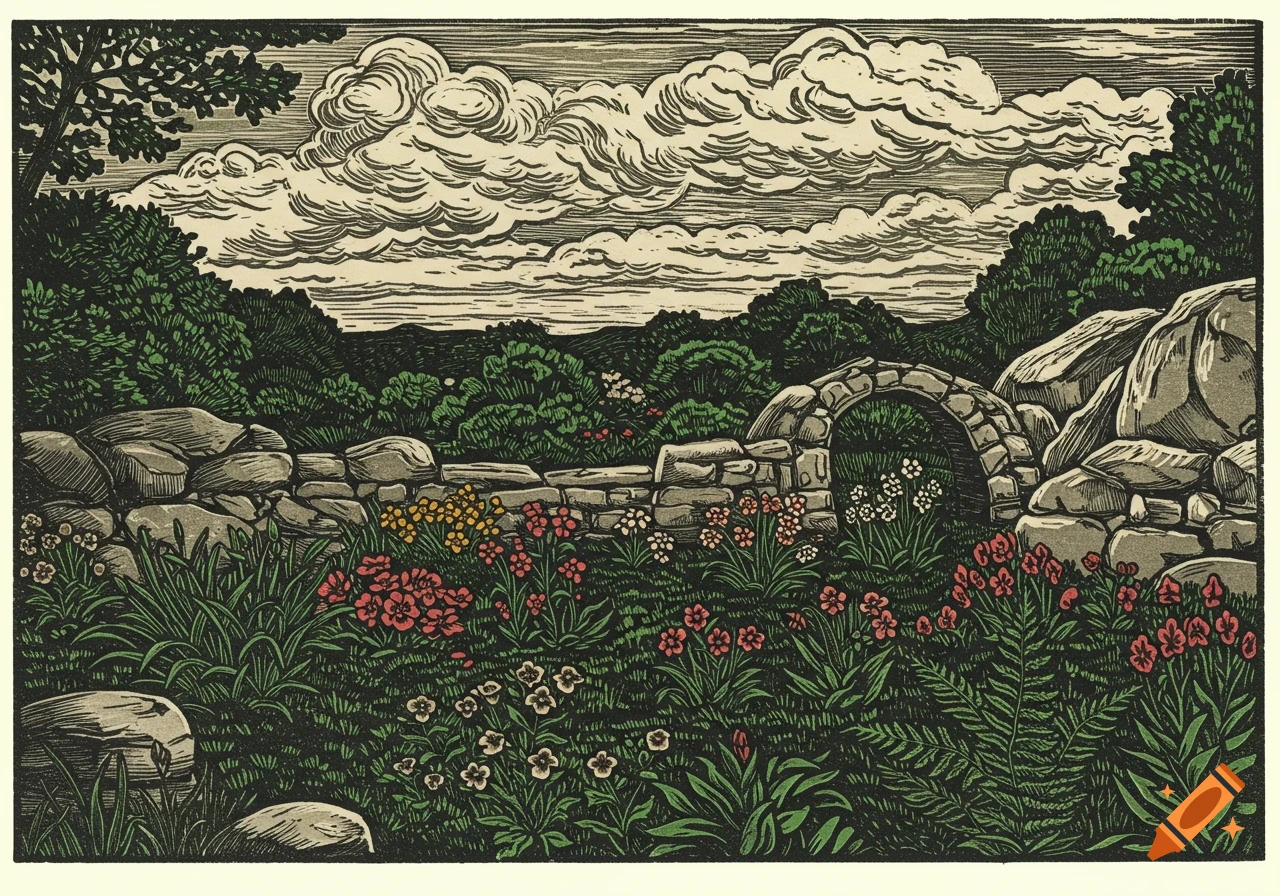 Woodcut illustration of a lush flower garden with low rock walls, a stone arch, ferns, and cirrus clouds in the sky.