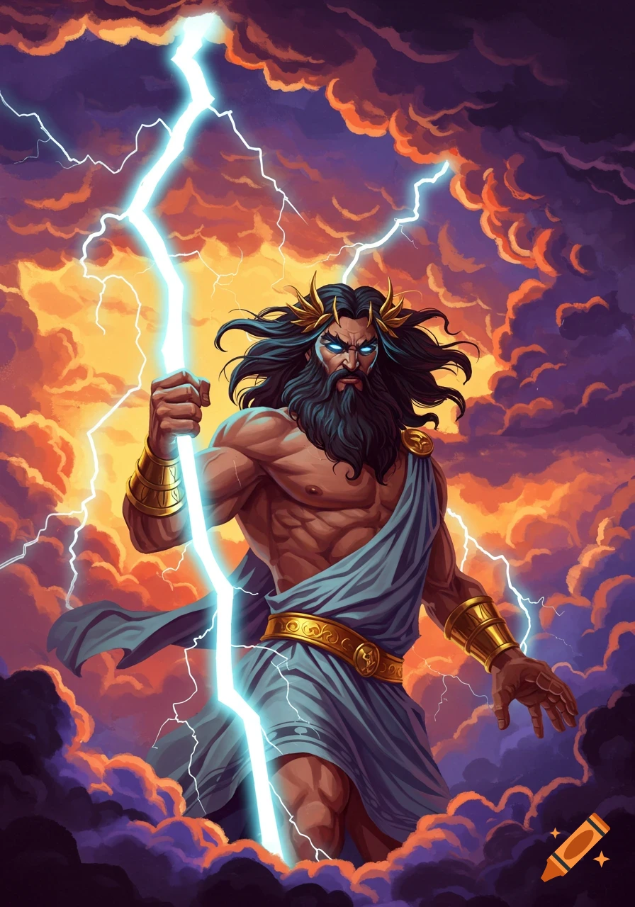An illustration of Zeus with a flowing beard and toga, wielding a lightning bolt amidst storm clouds.