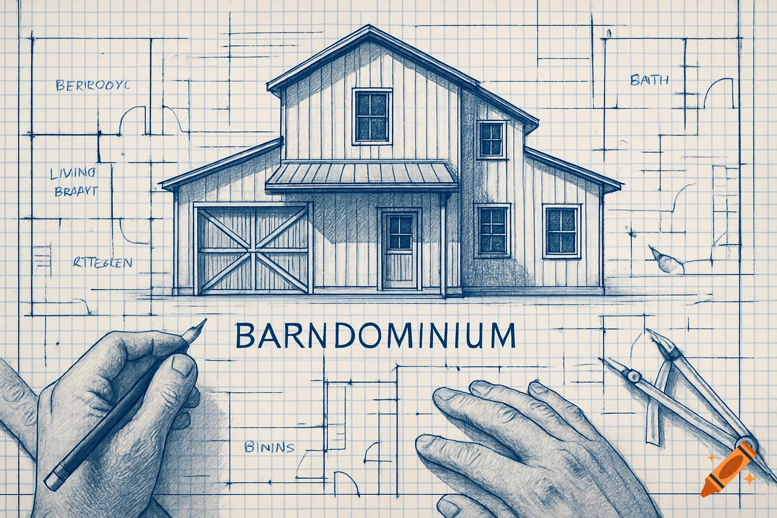 A hand-drawn blueprint of a barndominium with hands holding a pencil and compass on grid paper.