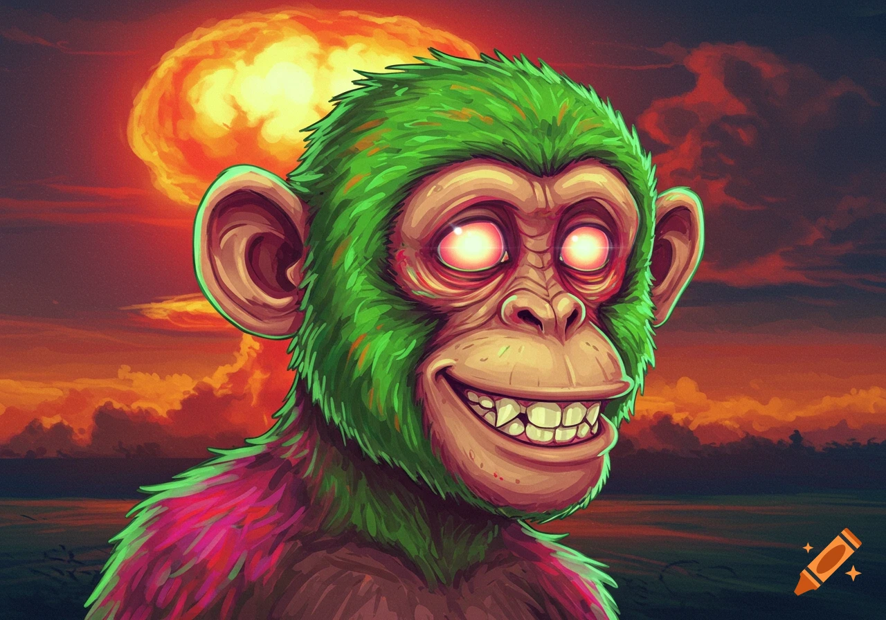 A creepy, green cartoon monkey with glowing red eyes and a wide smile against a fiery nuclear explosion at sunset, in an illustration style.