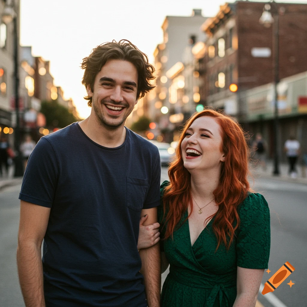 A smiling man and a laughing woman walk arm-in-arm on a city street at sunset, looking happy.
