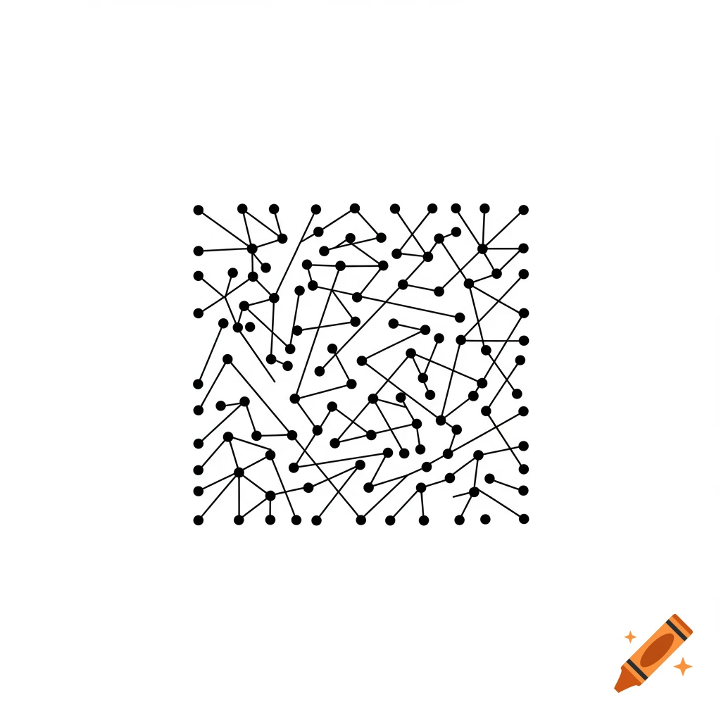 A black and white abstract graphic of interconnected dots and lines forming a square pattern.