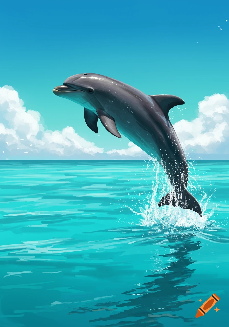 A grey dolphin leaps out of bright turquoise water, splashing, under a clear blue sky with white clouds.