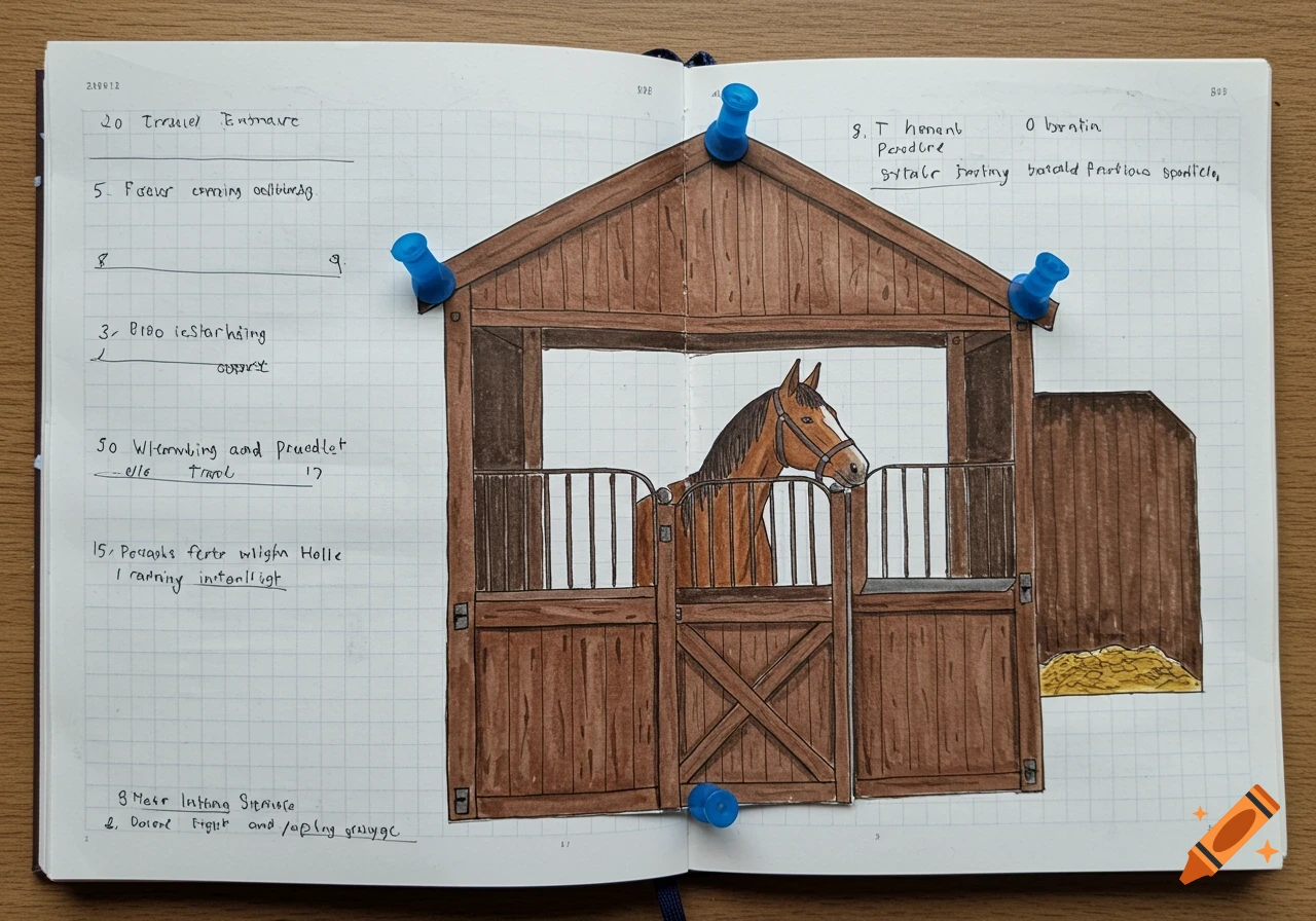 A drawing of a brown horse in a wooden stable stall, affixed with blue thumbtacks to a grid-lined notebook page with handwritten notes.