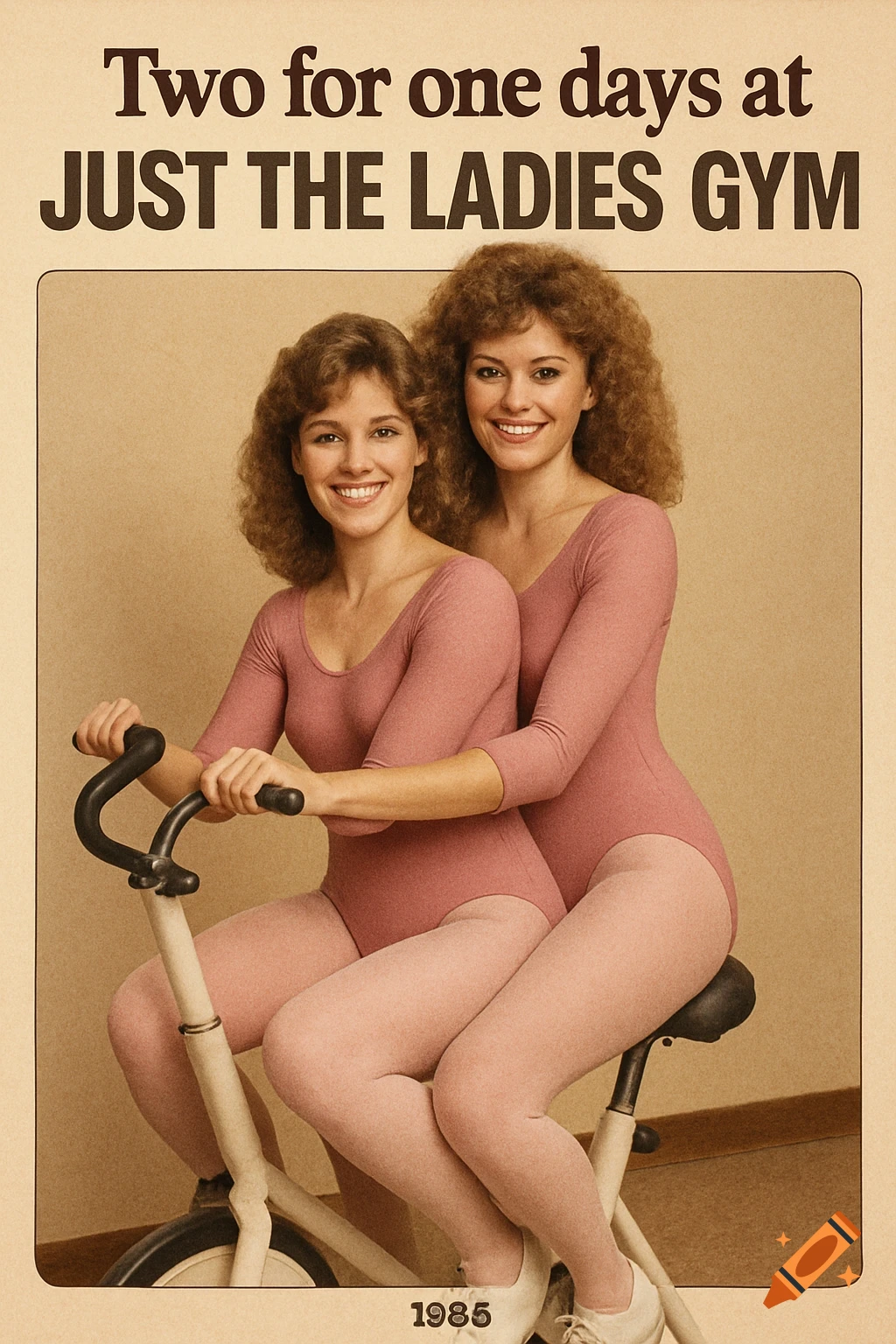 A vintage 1985 ad poster shows two women in pink leotards sharing an exercise bike. Text reads "Two for one days at JUST THE LADIES GYM".