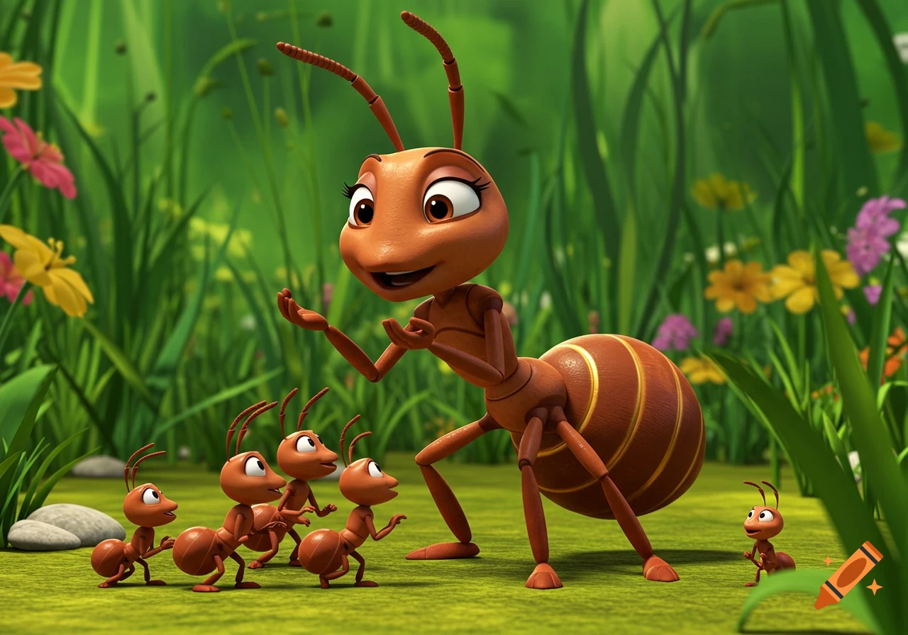 A large animated ant gestures towards several smaller ants in a vibrant green grassy field with colorful flowers.