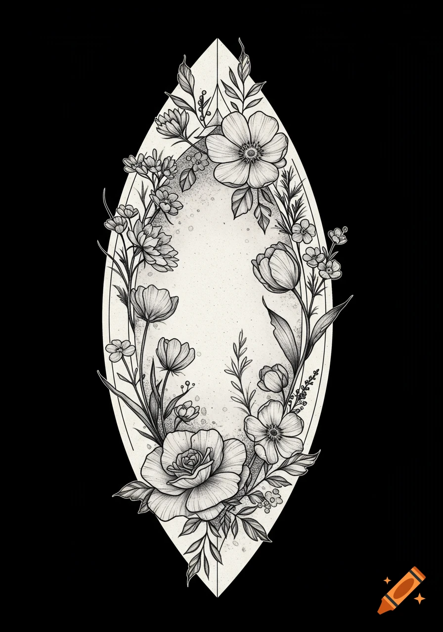 A black and white botanical illustration of a rounded diamond-shaped frame filled with detailed roses, tulips, and wildflowers.