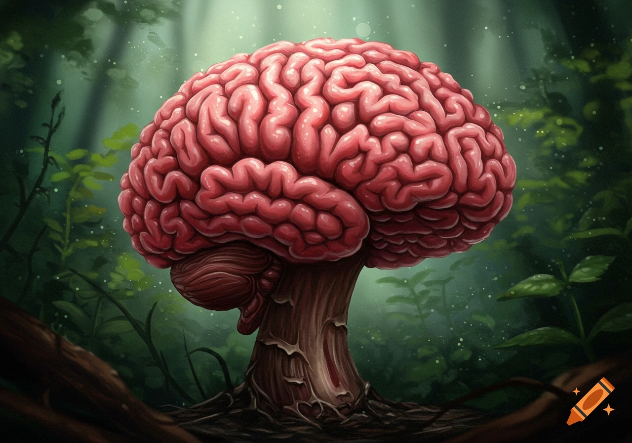 A vibrant red mushroom with a cap resembling a human brain stands in a lush, green forest.