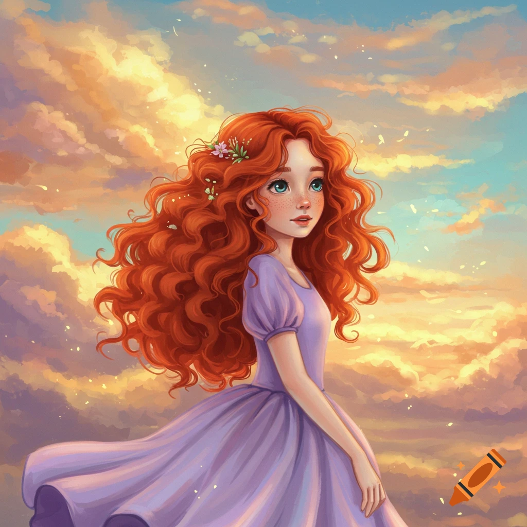 Illustration of a young girl with long, curly red hair and freckles ...