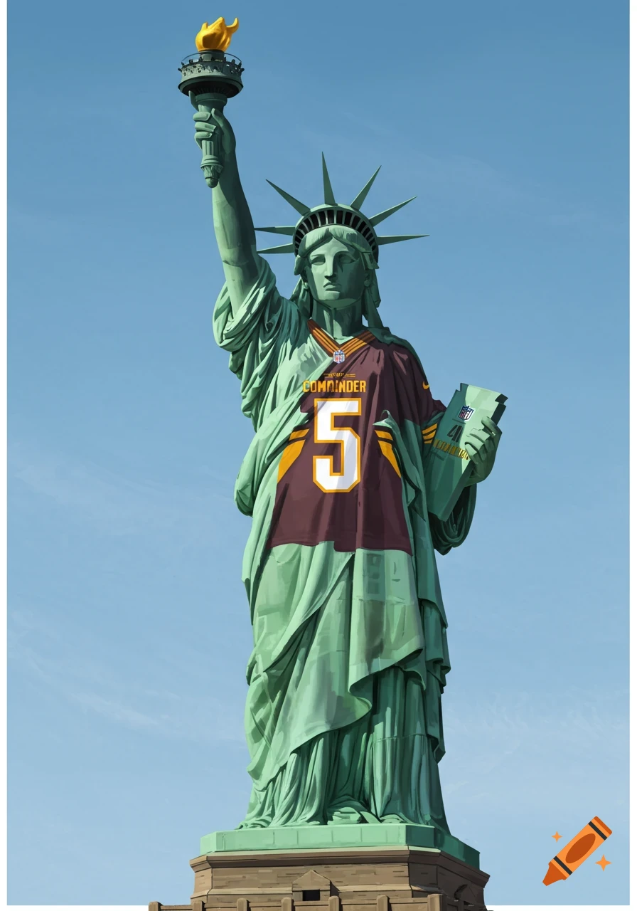 Statue of Liberty wearing a burgundy and gold football jersey with 'COMMANDER' and the number '5' on the front, against a clear blue sky.