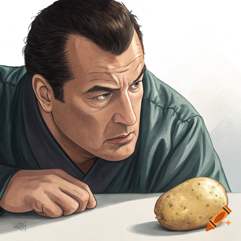 Steven Seagal, a man with dark hair and a teal robe, looks intently at a potato on a white surface in an illustrative style.
