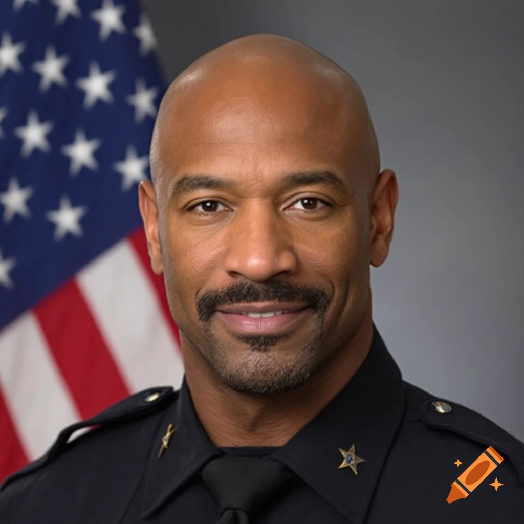 Photorealistic portrait of a smiling bald man resembling Terry Crews in an officer's uniform, with an American flag.