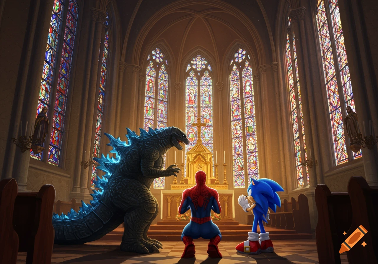 Godzilla, Spider-Man, and Sonic the Hedgehog are in a grand Catholic church with stained glass windows. Spider-Man kneels while Godzilla and Sonic stand.