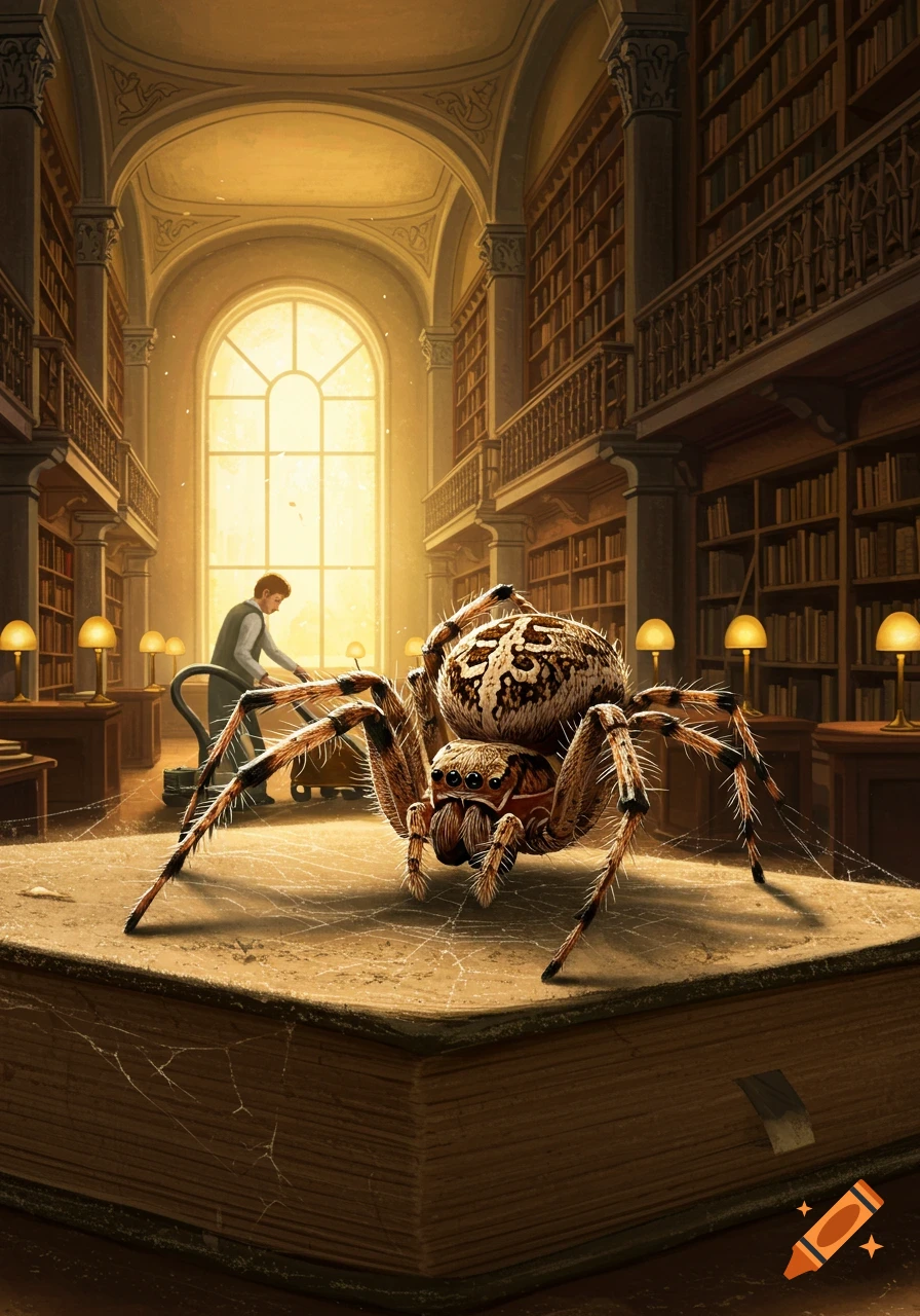 A large, detailed spider sits on an open book in a grand library, while a person vacuums in the background. Digital art.