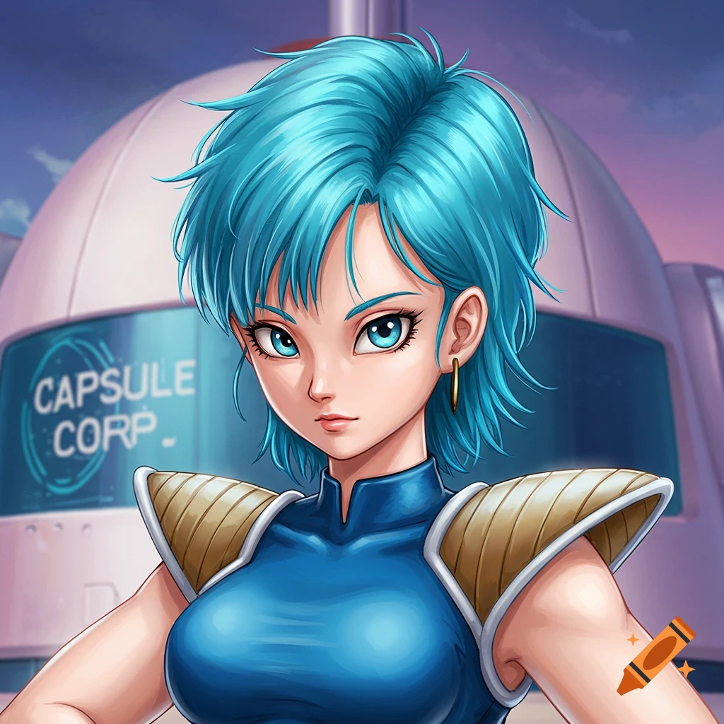An anime-style portrait of a blue-haired woman with gold shoulder pads standing in front of a white building labeled 'CAPSULE CORP'.