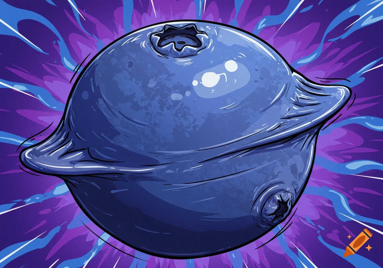 An illustration of a large, dark blue blueberry appearing to inflate or stretch, with a vibrant purple and blue abstract background.
