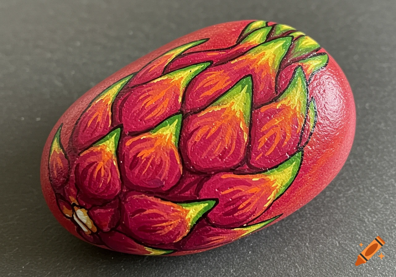 A painted oval rock, red with orange, green, and yellow scales, resembling a dragon fruit, on a dark background.