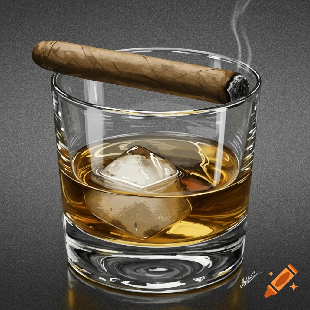 A stylized drawing of a glass of whiskey with ice and a lit cigar resting on its rim, against a dark background.