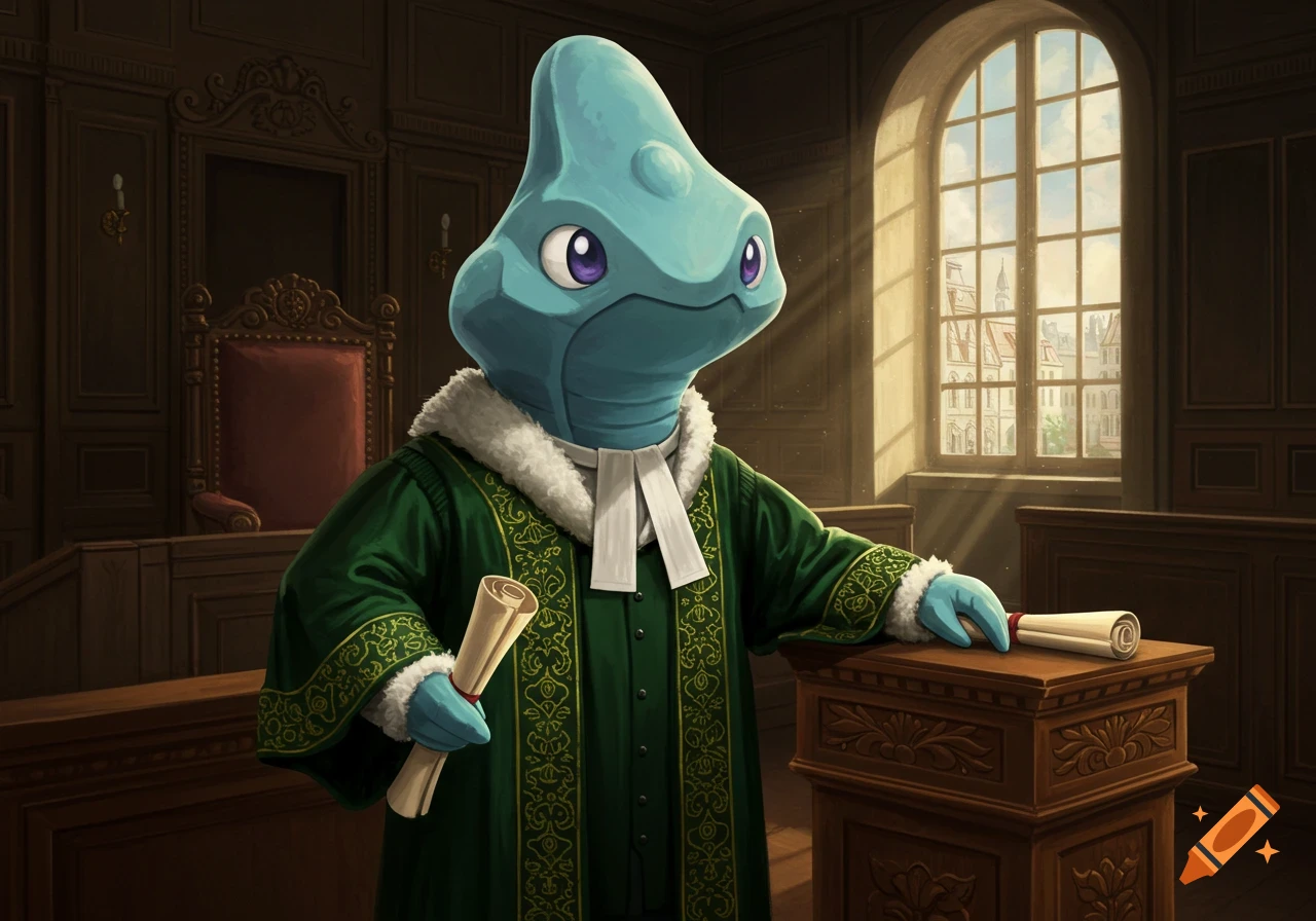 A light blue, Metapod-like creature wearing a green lawyer's robe and white collar stands in a stately courtroom.