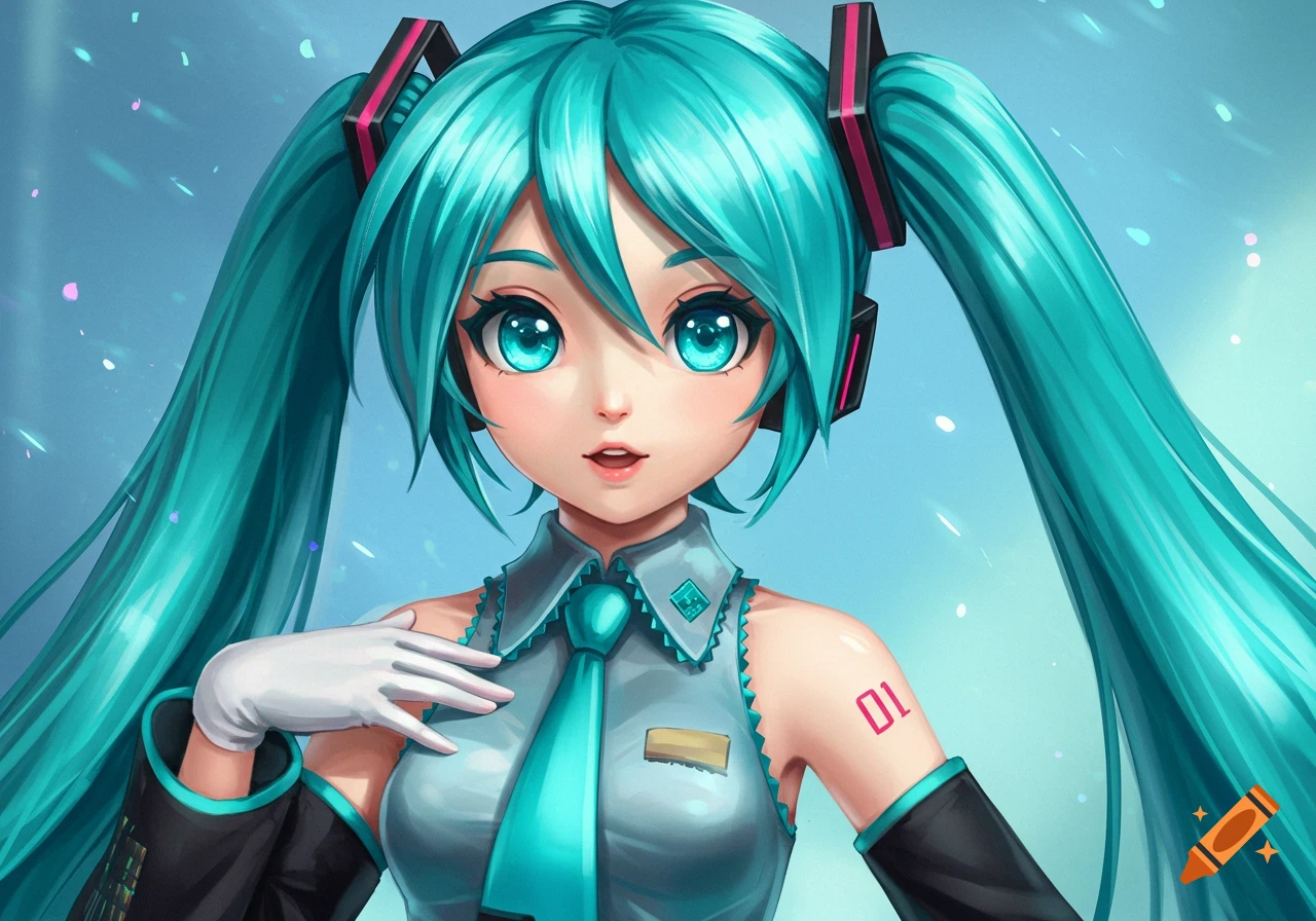 A vibrant digital painting of Hatsune Miku with long turquoise twin tails, headphones, a grey shirt, and a teal tie.