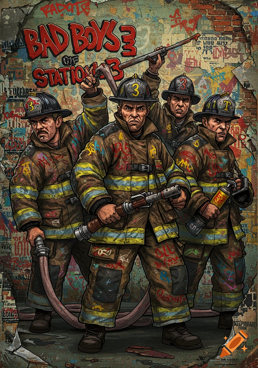 Four muscular firefighters in a comic book, graffiti art style, standing before a graffiti wall, looking tough.