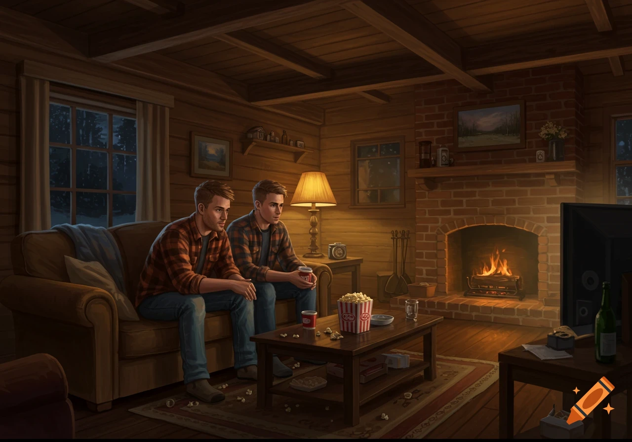 Two men in flannel shirts watch TV and eat popcorn in a rustic wooden cabin with a lit fireplace.