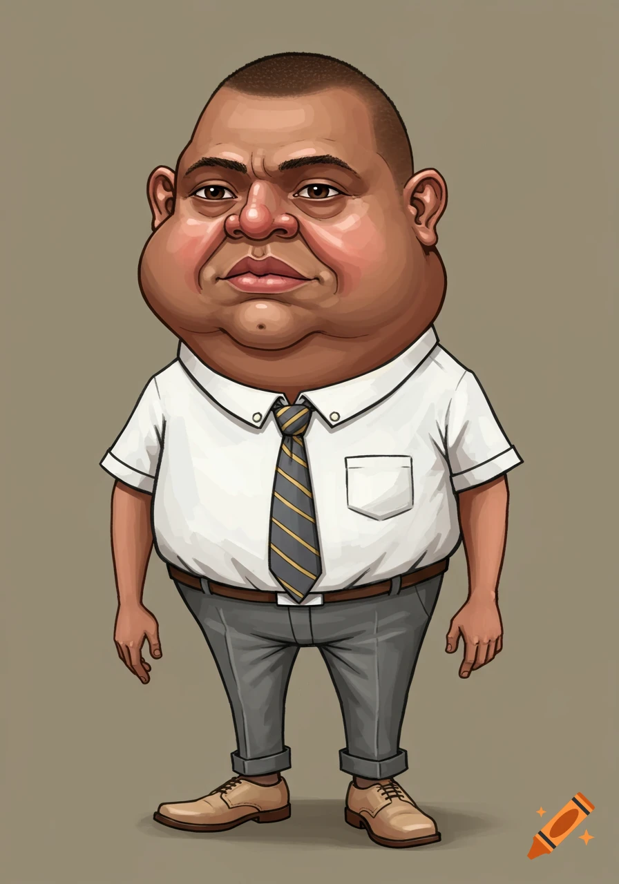 Comical cartoon caricature of a man with a broad neck, buzz cut, white shirt, striped tie, grey trousers, and light brown shoes.